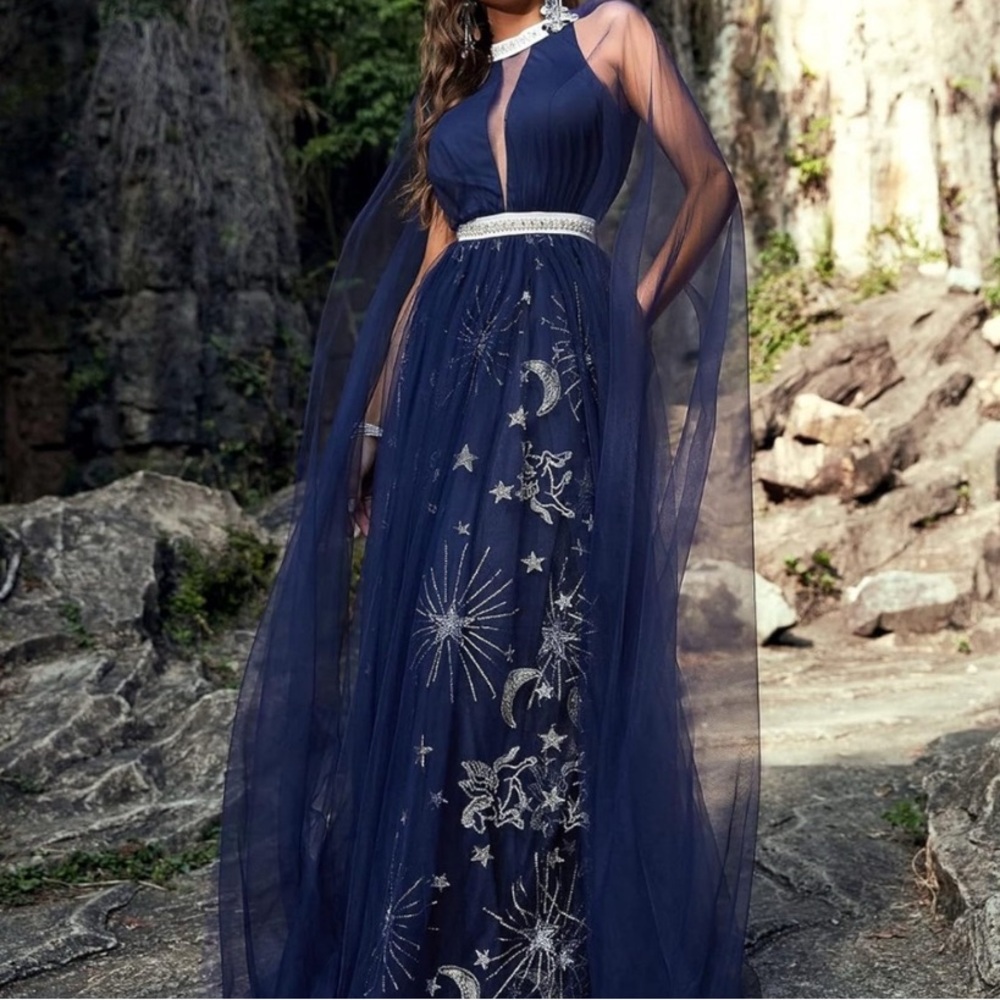 Giffniseti XL Galaxy Pegasus Celestial Navy Blue Maxi Dress Gown Mesh